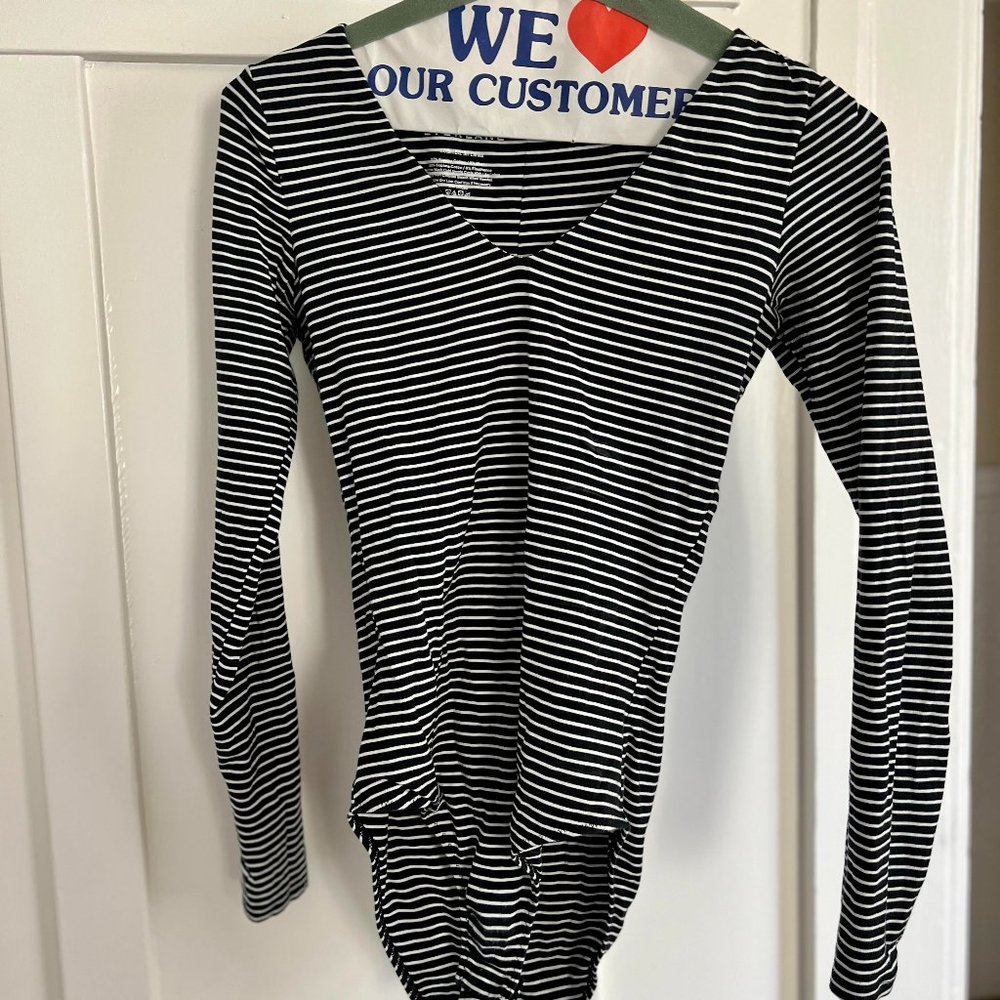 Everlane Bodysuit Long Sleeve -- Black-and-White Stripes, Size XS